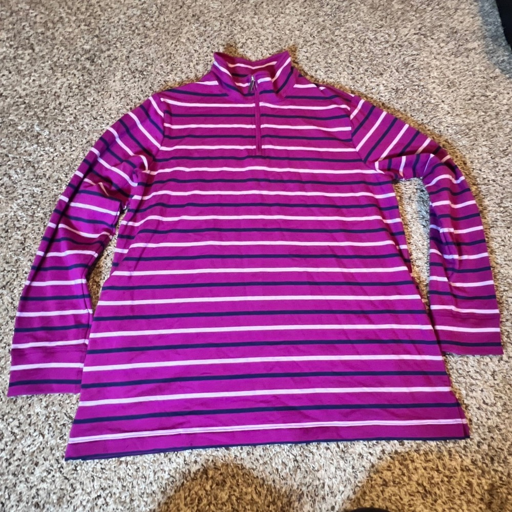 Lands End Magenta Navy‎ Striped Quarter Zip Pullover Top Womens Large Petite